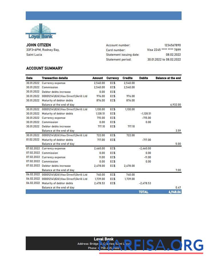 Printable Saint Lucia Loyal bank statement excel real example